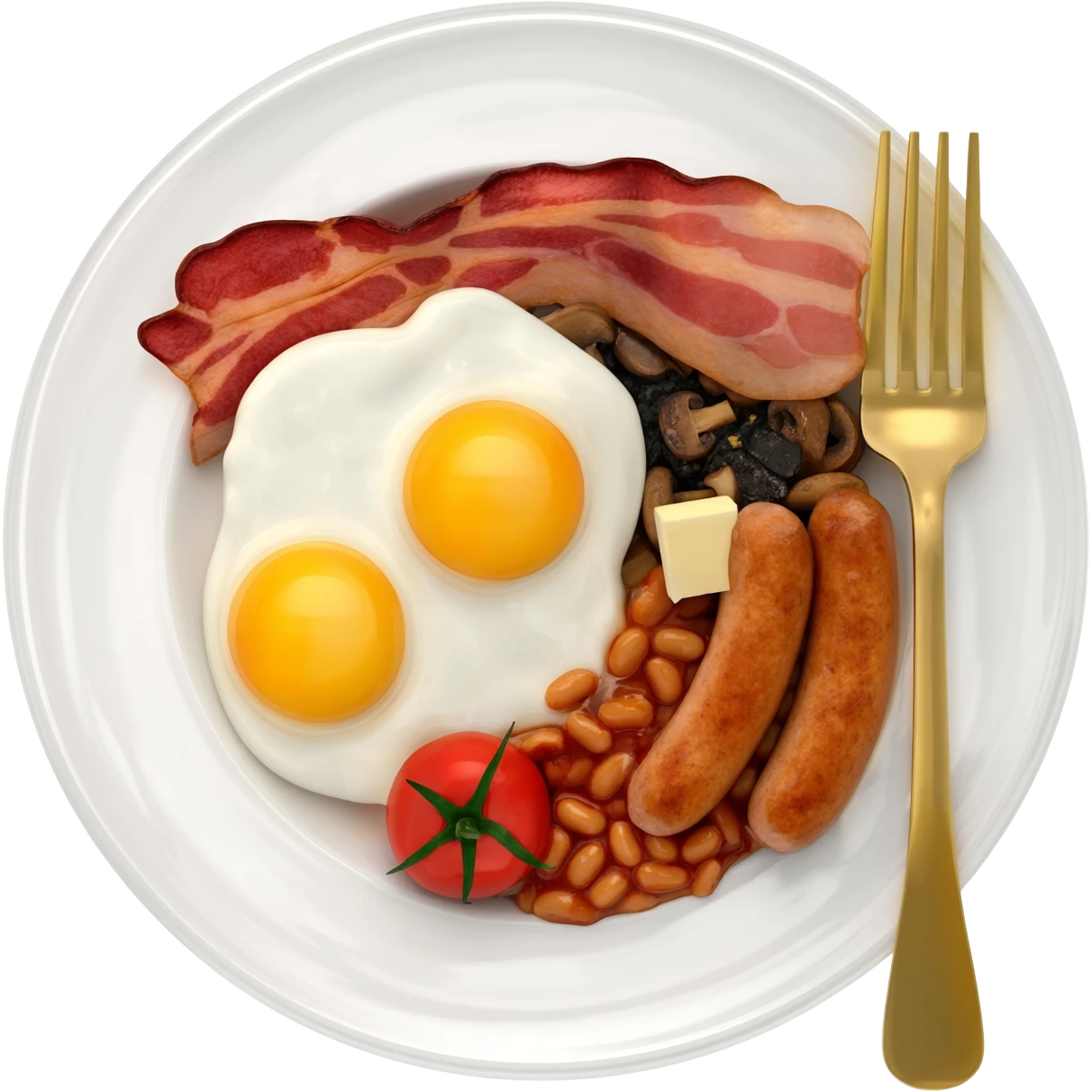 English breakfast on a beautiful white plate with a gold fork emoji