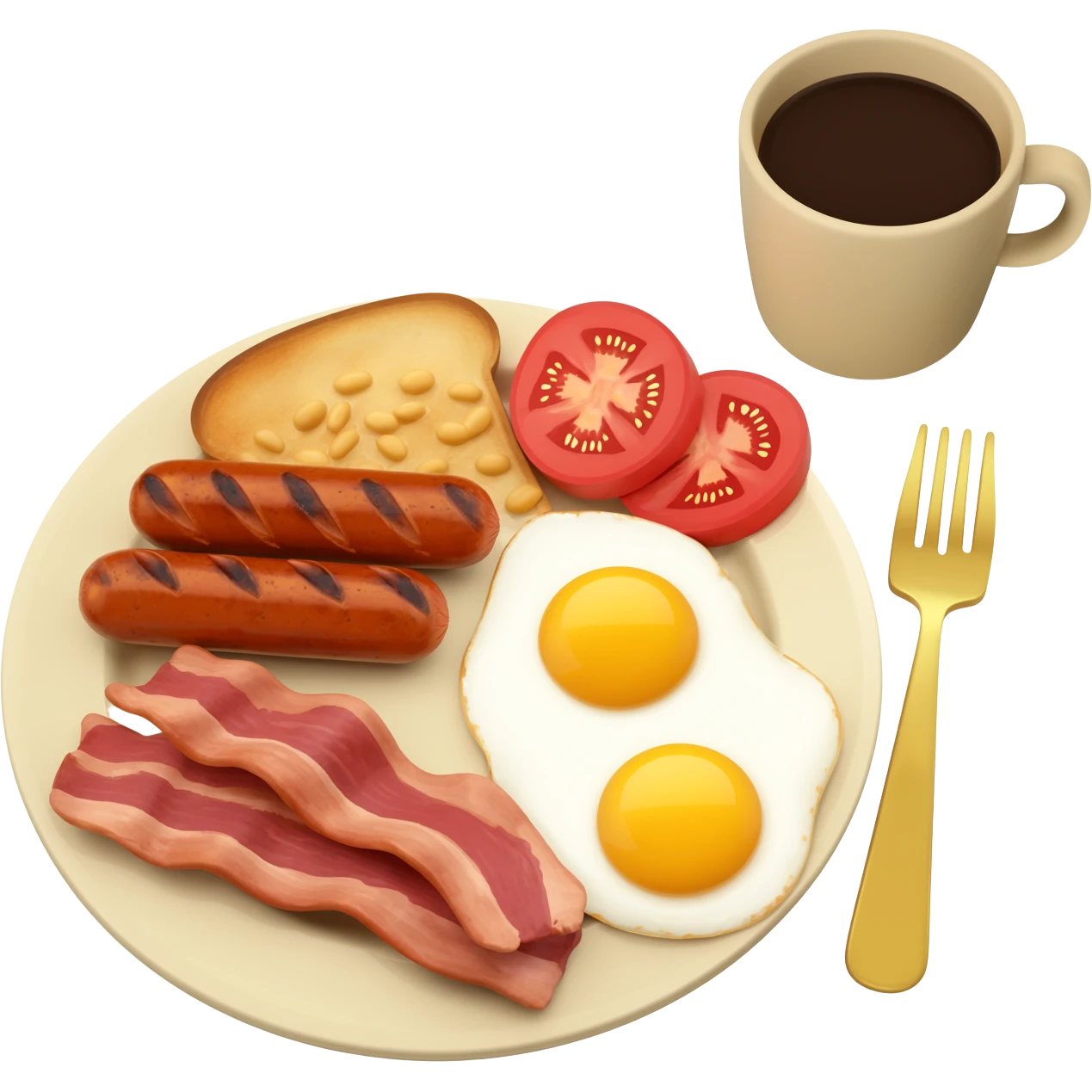 full English breakfast with two eggs, bacon, sausage, beans, toast, and tomato оn a beautiful light beige plate with a gold fork and beige cup of coffee side view emoji