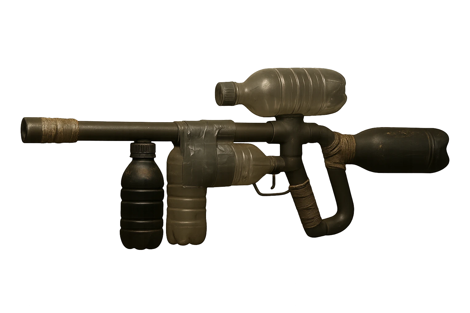 Remove the background, keep only the realistic cobbled-together rifle using household tubes and bottles, with visible repairs, tape, and a post-apocalyptic, resourceful look, with a transparent background. emoji