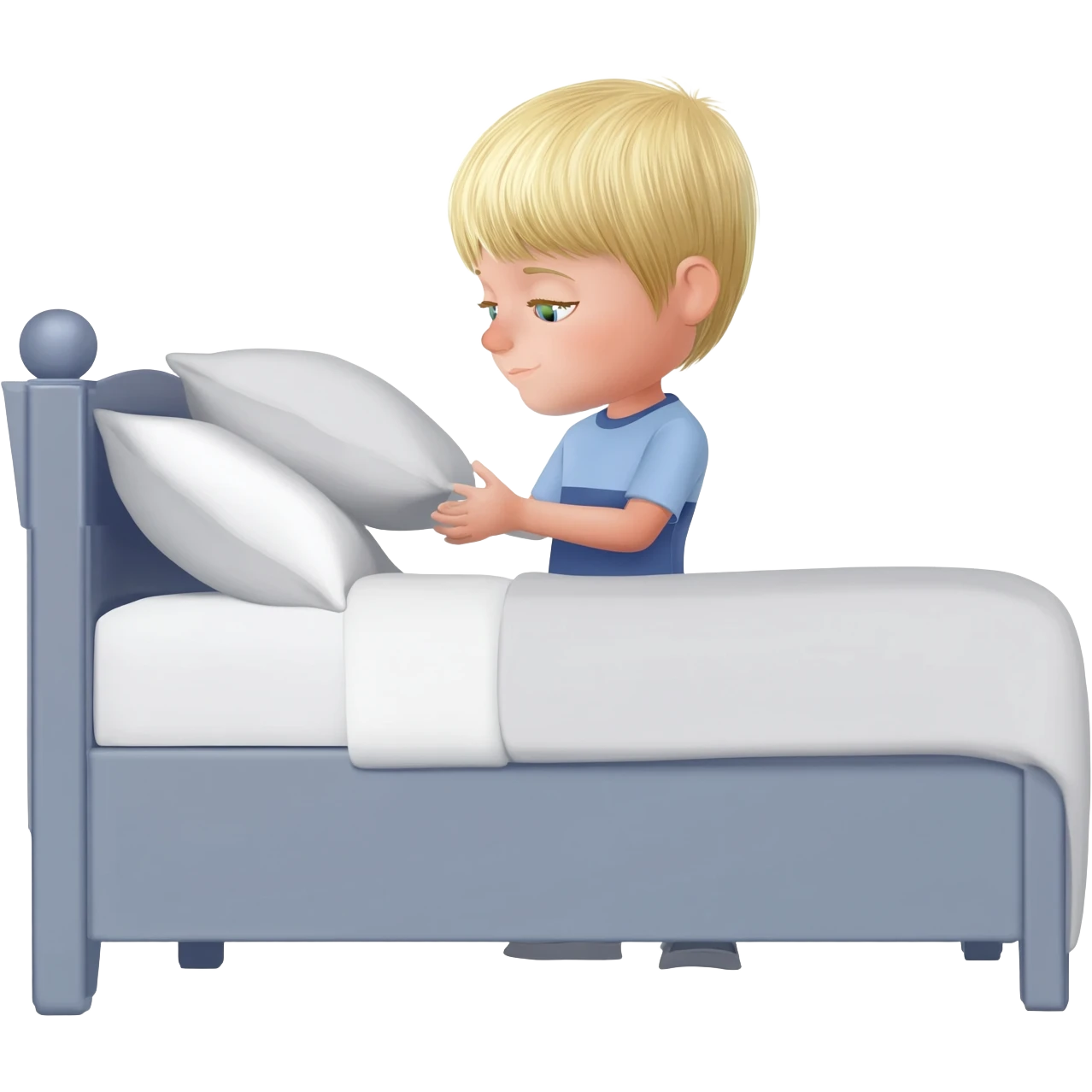 3 year old blonde boy with green-blueish eyes making the bed. Neat, and pillows in order emoji