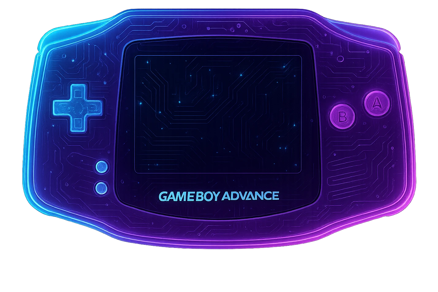 Transform the Gameboy Advance into a cyberpunk, holographic style with glowing neon blue and pink edges and circuit patterns throughout the entire device. The main body should be purple, maintaining the recognizable shape, buttons, and screen. Overlay neon and circuit effects in a futuristic, clean style with a consistent cyberpunk glow and intricate circuit details. Transparent background. emoji