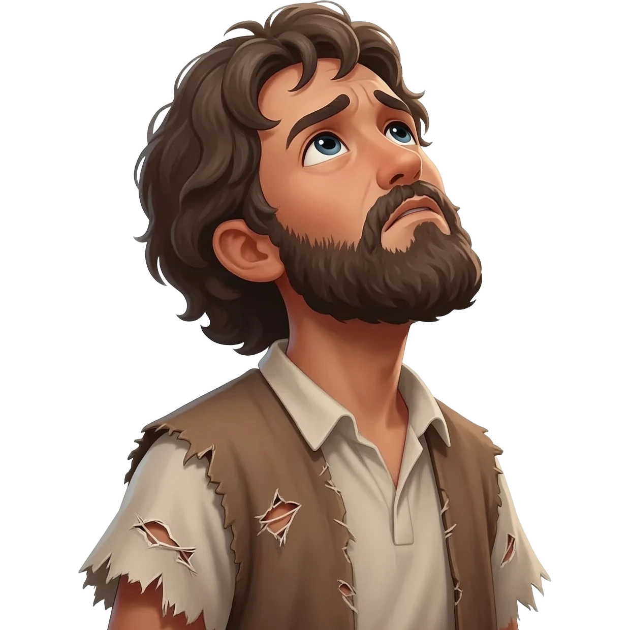 парень смортит на небо с надеждой  в рваной одежде растроенный и одинокий  ,  времена древнего иерусалима emoji