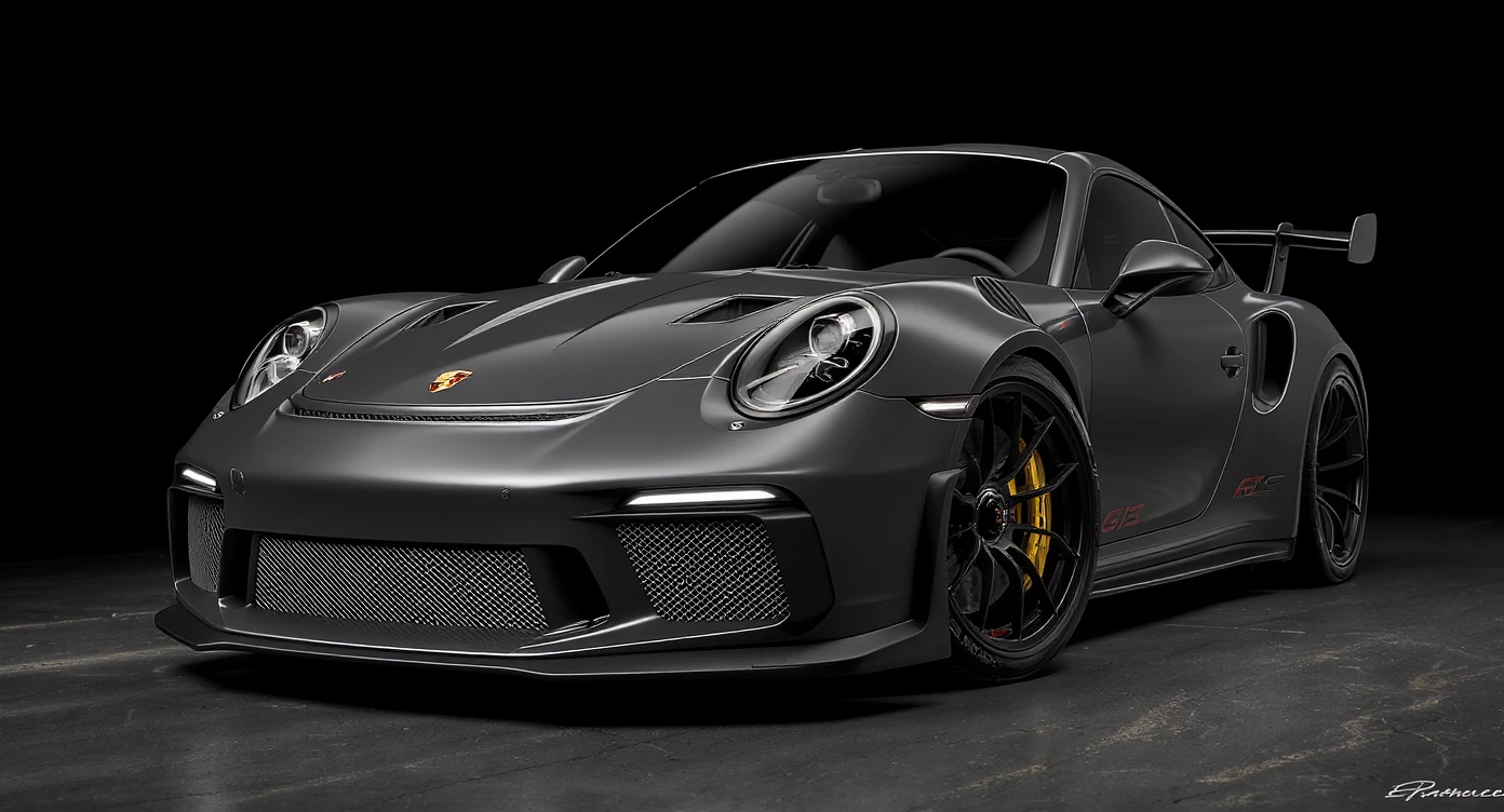 a stunning close-up of a porsche 911 gt3 rs , set against a black solid background. emoji