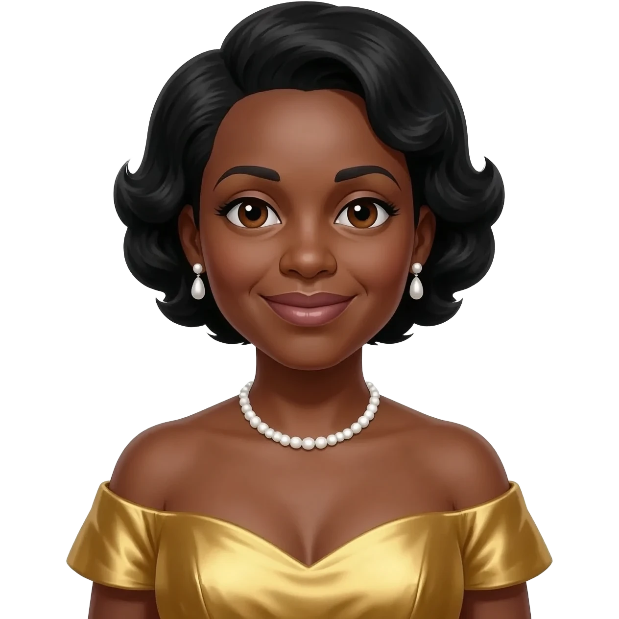 Marian Anderson dark brown eyes, black hair, gold metallic off shoulder dress, white necklace and earrings emoji