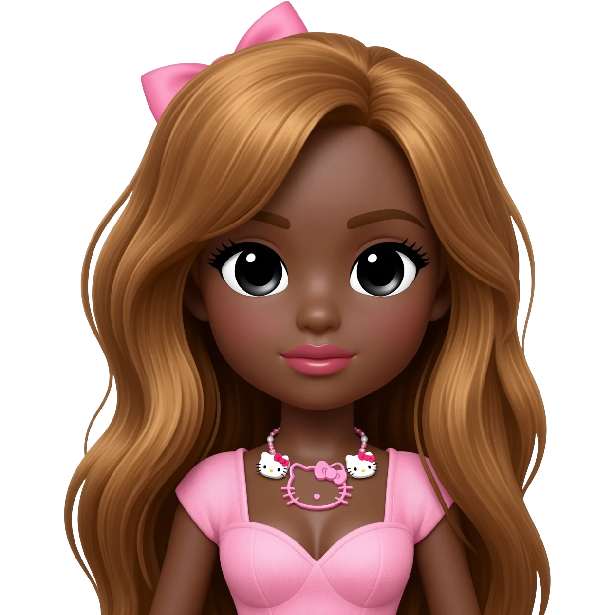hello kitty necklace, doll eyes, Doll, big chest, dark brown skin, long honey brown hair, black cute eyes, pink bows with cute lips emoji