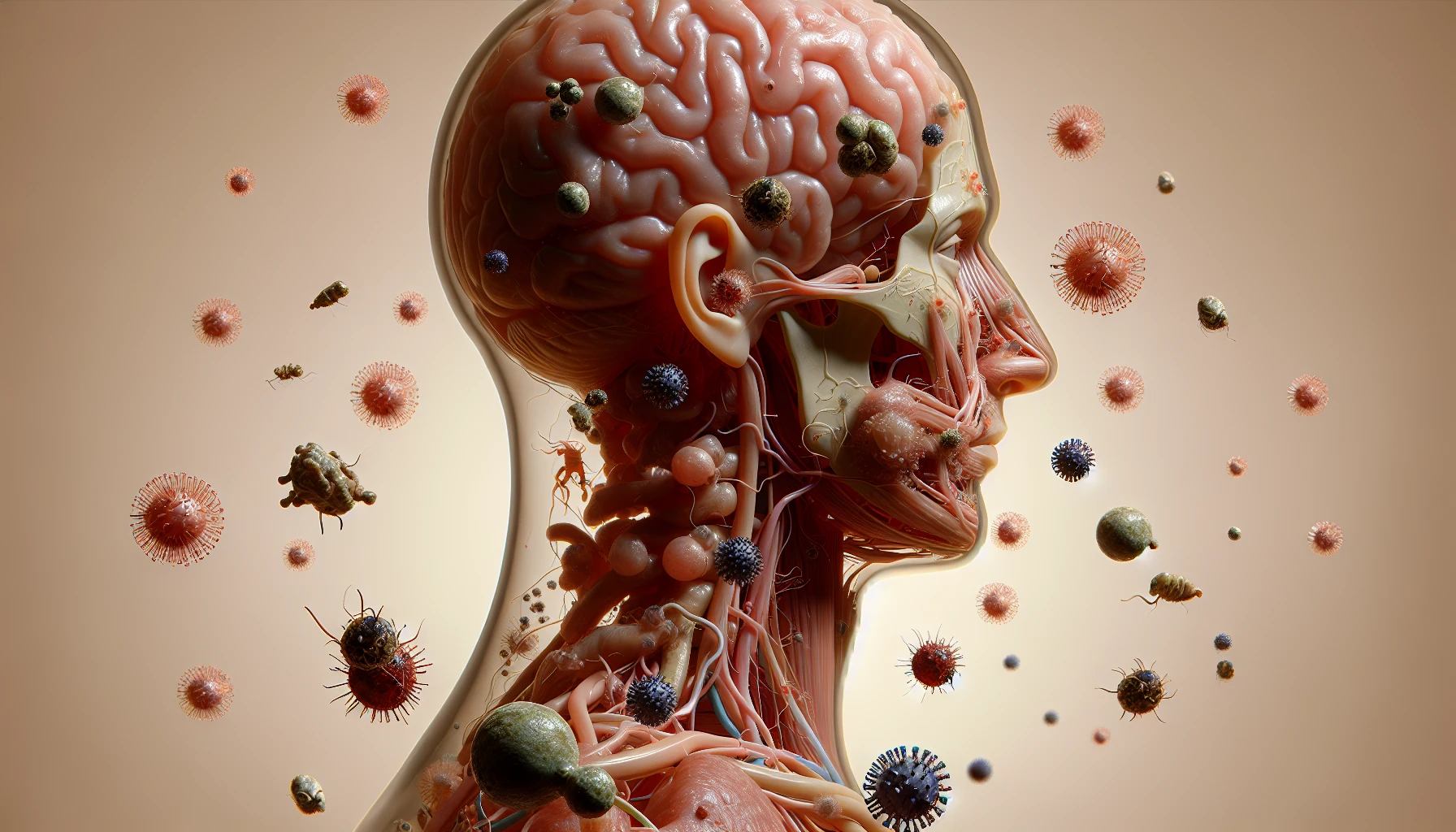 corpo umano anatomico di profilo con virus e parassiti che cercano di attaccarlo , sfondo neutro chiaro, iperrealistico 4k emoji