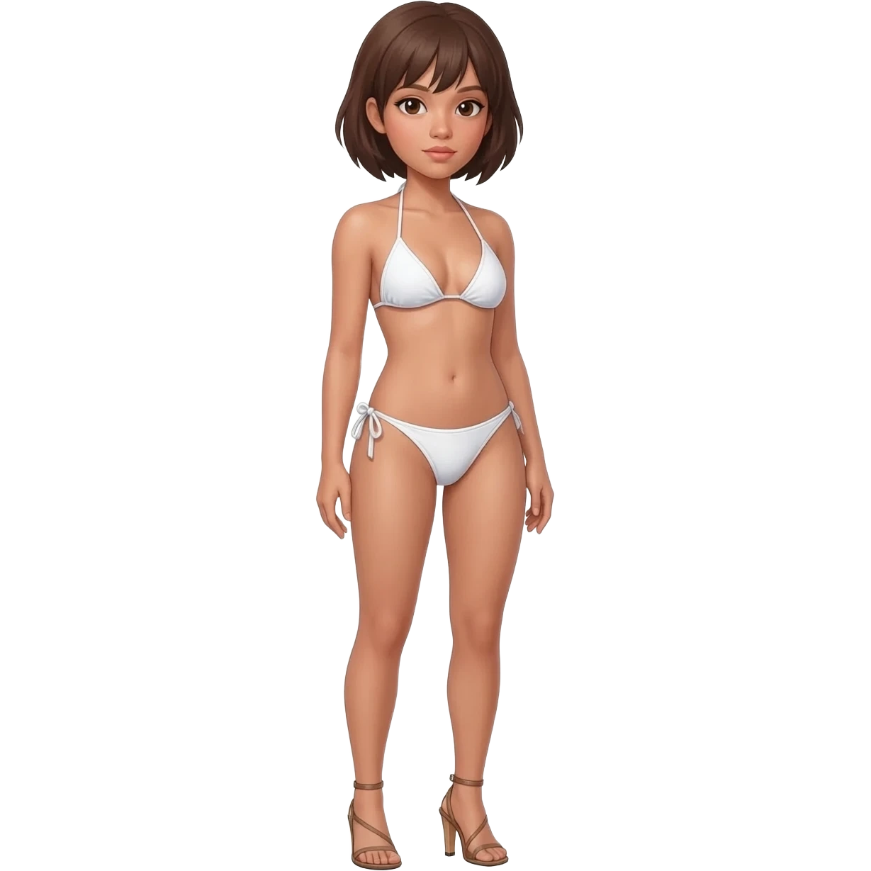 Filipino girl white triangle top bikini and tie tanga bikini bottom full body slim stand straight with high heels sandals brown short hair emoji