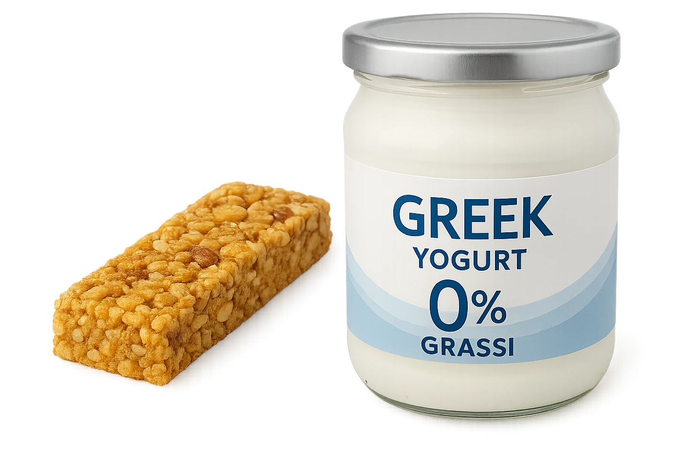 BARRETTA ENERGETICA E BARATTOLO DI YOGURT GRECO CON  LA SCRITTA "0% grassi" SULL'ETICHETTA  , ISOLATA SU SFONDO BIANCO emoji