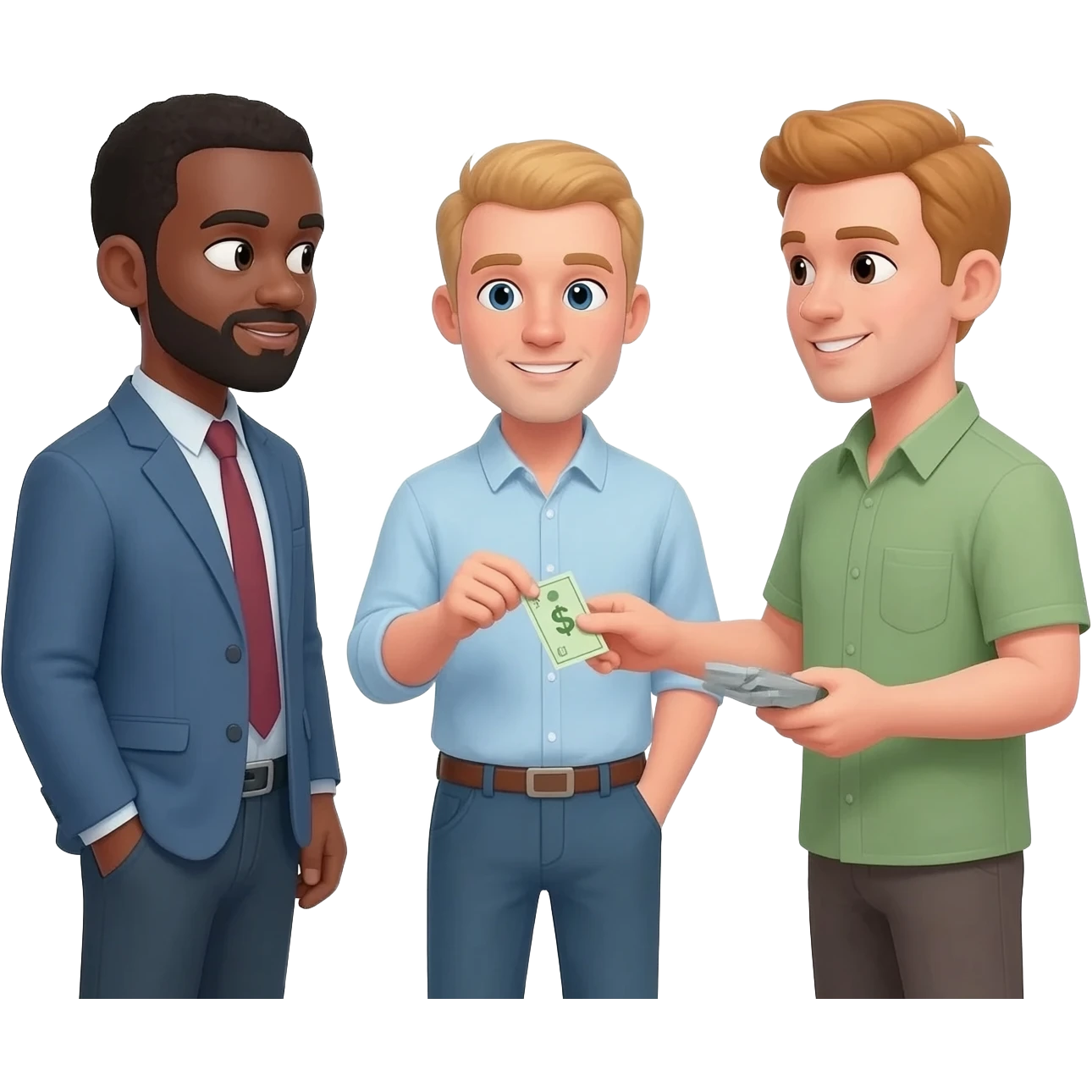 tres personas pagando renta solo hombres uno mereno y dos blanco emoji