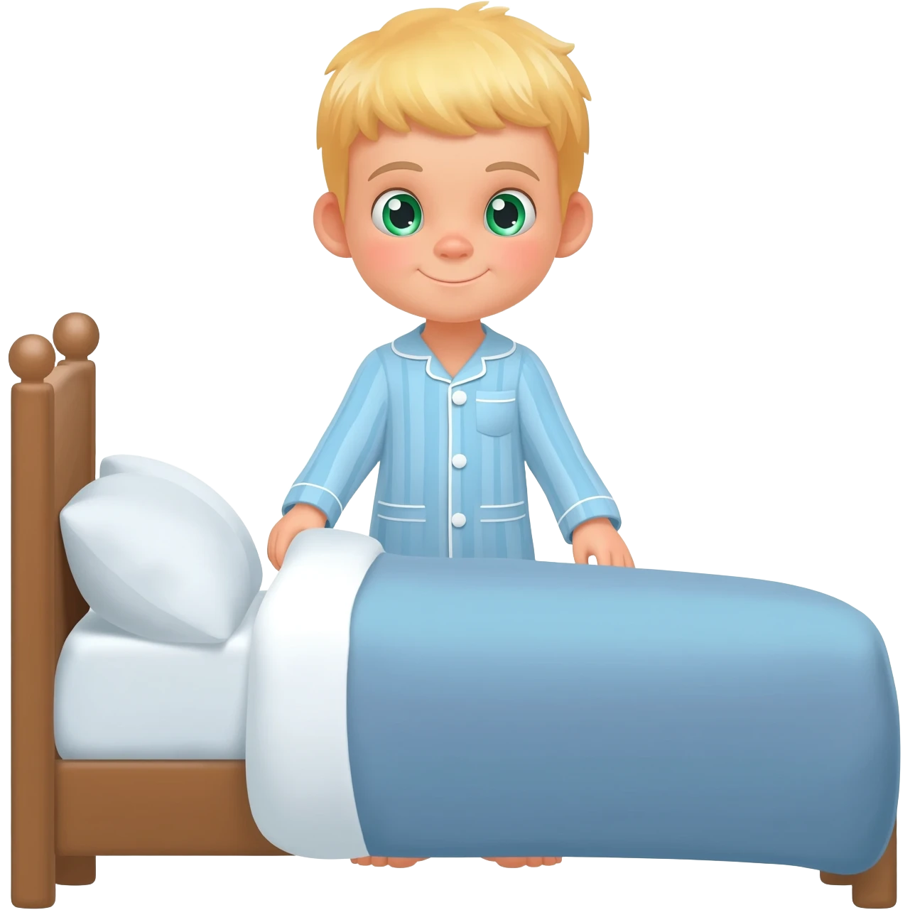 Use the same 3 year old blonde boy with green-blueish eyes as before  happy with blue pajamas making his bed with neat pillows emoji