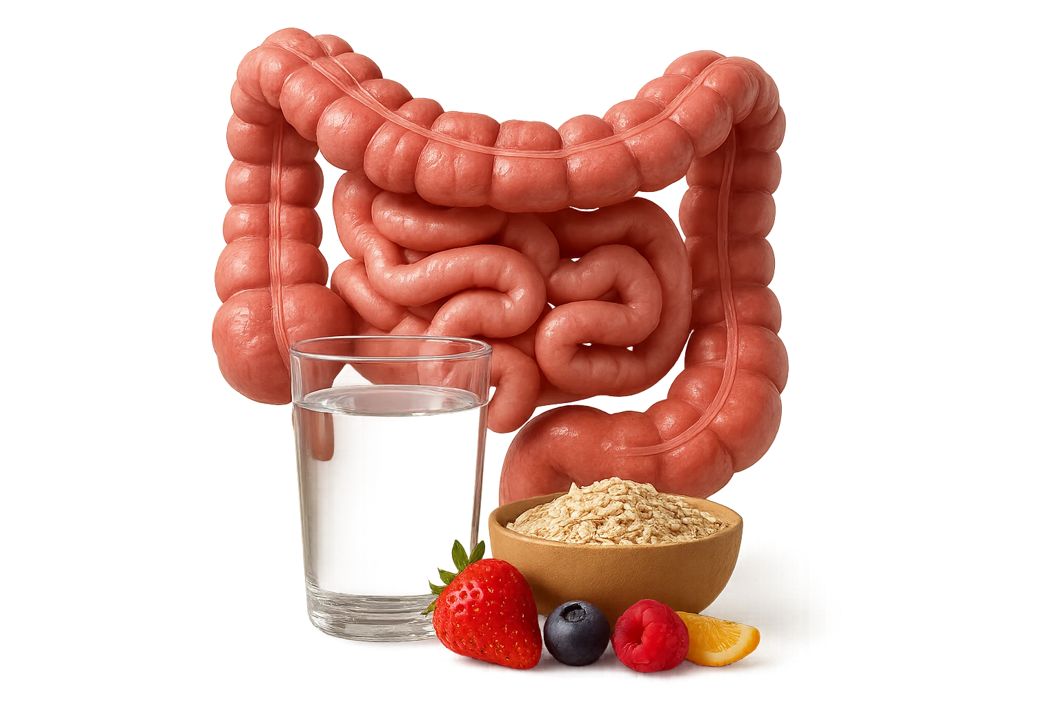 intestino umano anatomico sullo sfondo, davanti a lui un bicchiere di acqua, una bowl di avena e un po' di frutta mista, iperrealistici 4k emoji