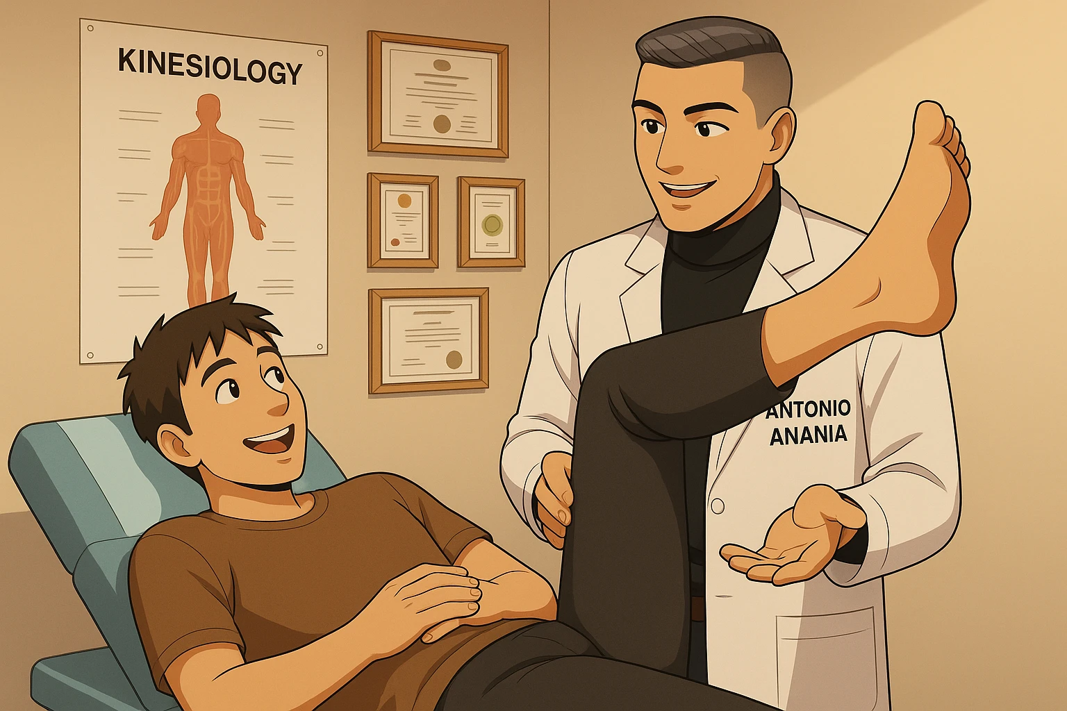 su questo lettino rappresenta un webtoon manga a colori con questo stile, in cui un uomo è steso sul lettino medico e il kinesiologo con il camice bianco (fagli anche la scritta "ANTONIO ANANIA" SUL CAMICE, gli solleva una gamba per fargli il test neuromuscolare, IL KINESIOLOGO SPIEGA ALL'UOMO UNA cosa mentre gli alza la gamba. l'espressione dell'uomo è felice e soddisfatta, non fare i fumetti però, fai solo in modo che sembri stiano parlando emoji