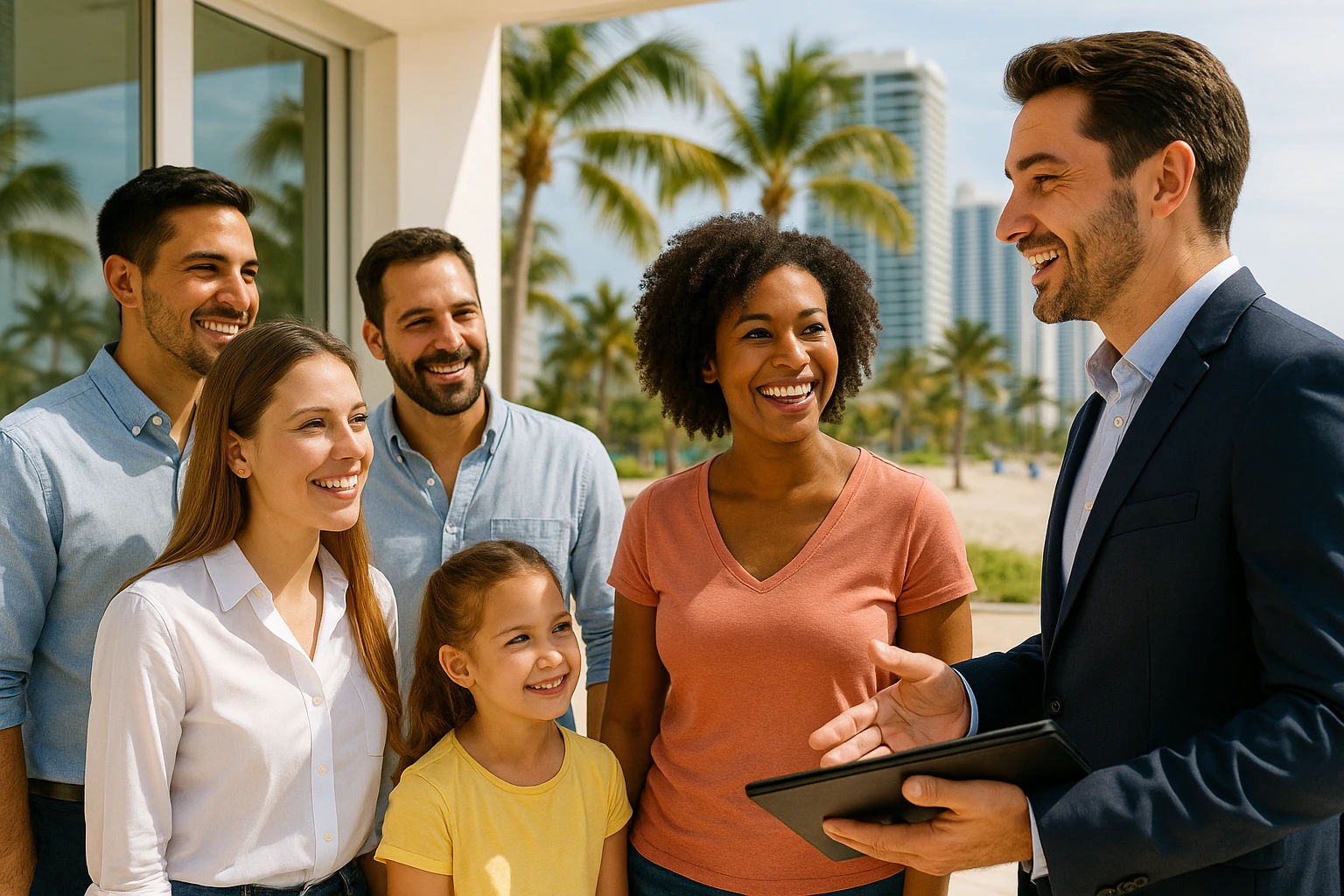 Foto hiper realista que refleje a nuestro cliente ideal de real estate: Profesionales y familias en transición Que desean mudarse a Miami o adquirir una segunda residencia, guiados por un equipo que habla su idioma —literal y figurativamente. emoji