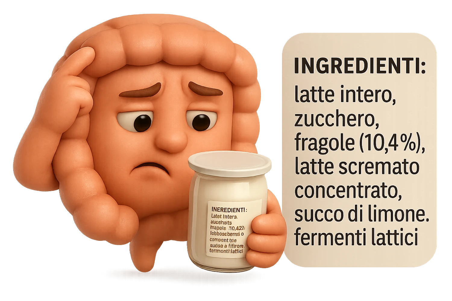 SU QUESTO STILE FAI UN EMOJI STILE IPHONE 3D DI UN INTESTINO CHE HA IN MANO UN BARATTOLO DI YOGURT CONFEZIONATO DA SUPERMERCATO E LEGGE L'ETICHETTA NUTRIZIONALE CON GLI INGREDIENTI IN ITALIANO, ACCANTO ALLO YOGURT CHE HA IN MANO C'è UN FOCUS SULL'ETICHETTA CON GLI INGREDIENTI SCRITTI, FAGLI UN ESPRESSIONE CONFUSA MENTRE LEGGE E FALLO MOLTO REALISTICO IN 3D emoji