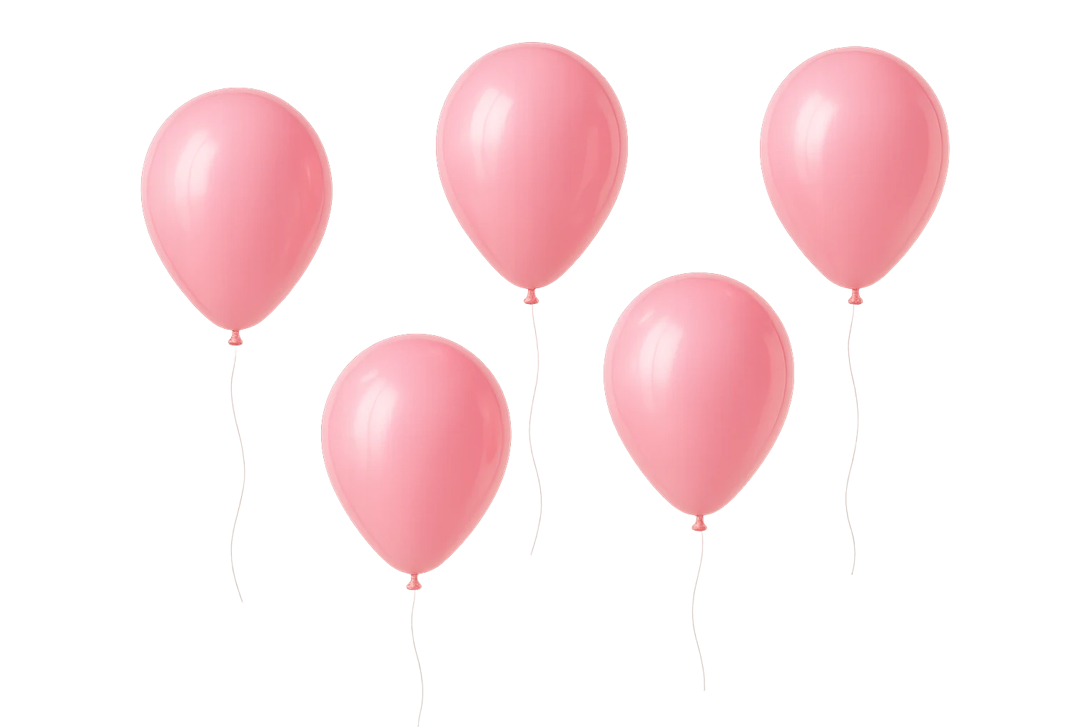 5 palloncini rosa fluttuano in aria isolati su sfondo bianco, iperrealistico 4k emoji