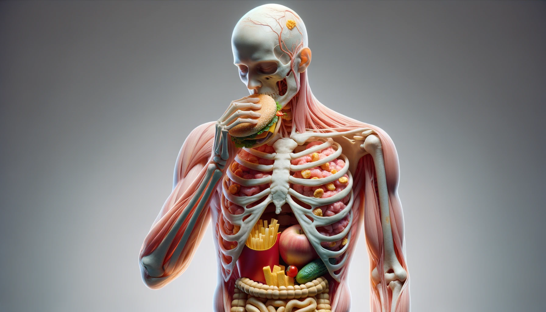 CORPO UMANO ANATOMICO CHE MANGIA FAST FOOD E STA MALE, SFONDO NEUTRO CHIARO, IPERREALISTICO 4K emoji