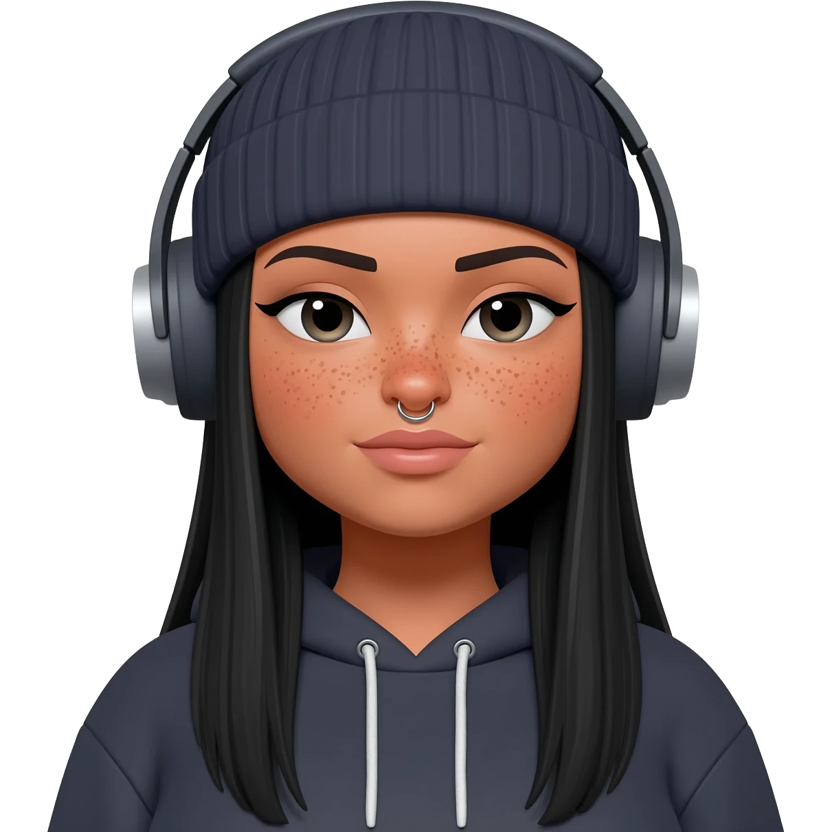 White curvy female with freckles, long straight black hair wearing a beanie and hoodie and nose pierced listening to music emoji