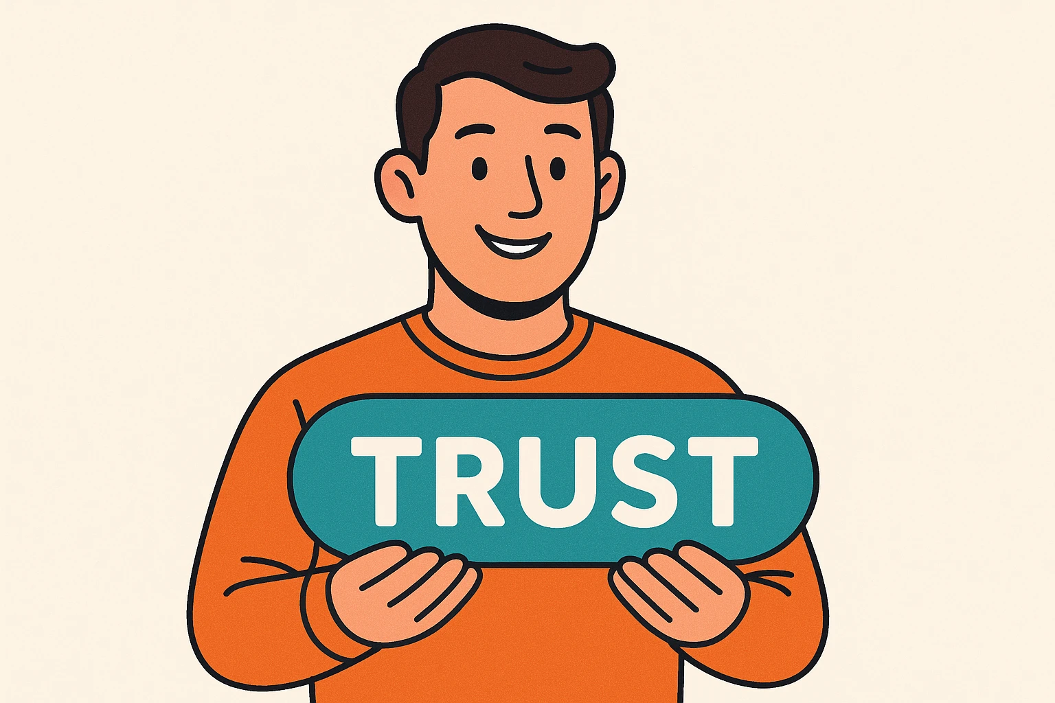 a man holding the word 'trust', friendly, modern illustration style emoji