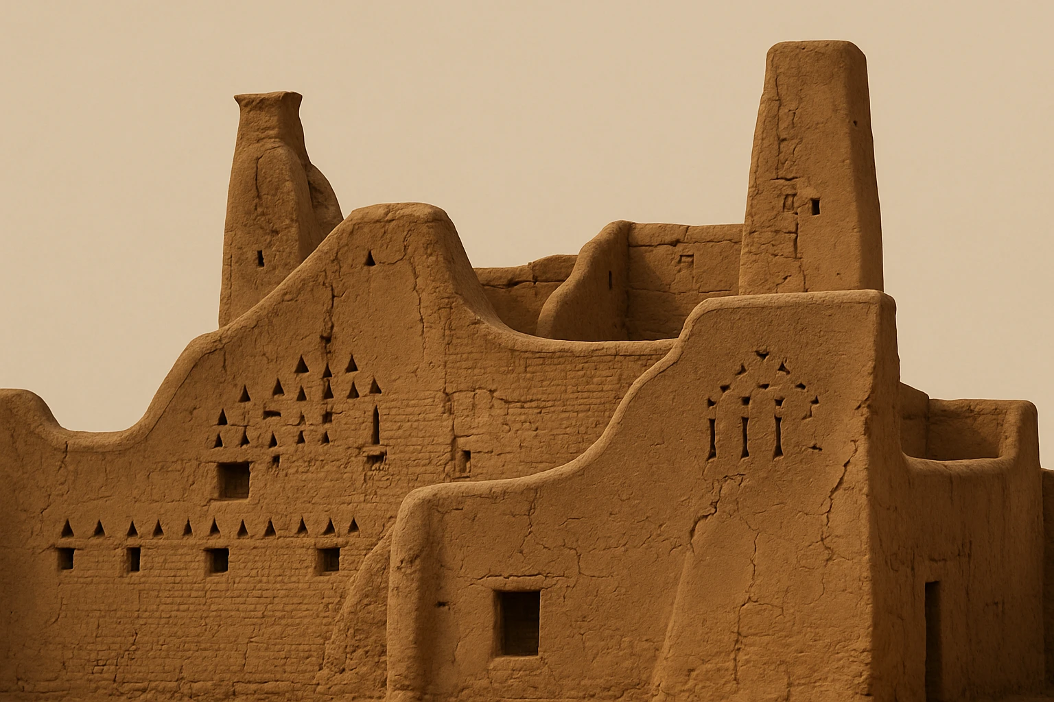 Make the mud building house look older with weathered textures, cracks, and signs of age. Keep the boxy shape and authentic details intact. Front view only, no sky or sunset in the background. Style should reflect a realistic aged mud building house. emoji