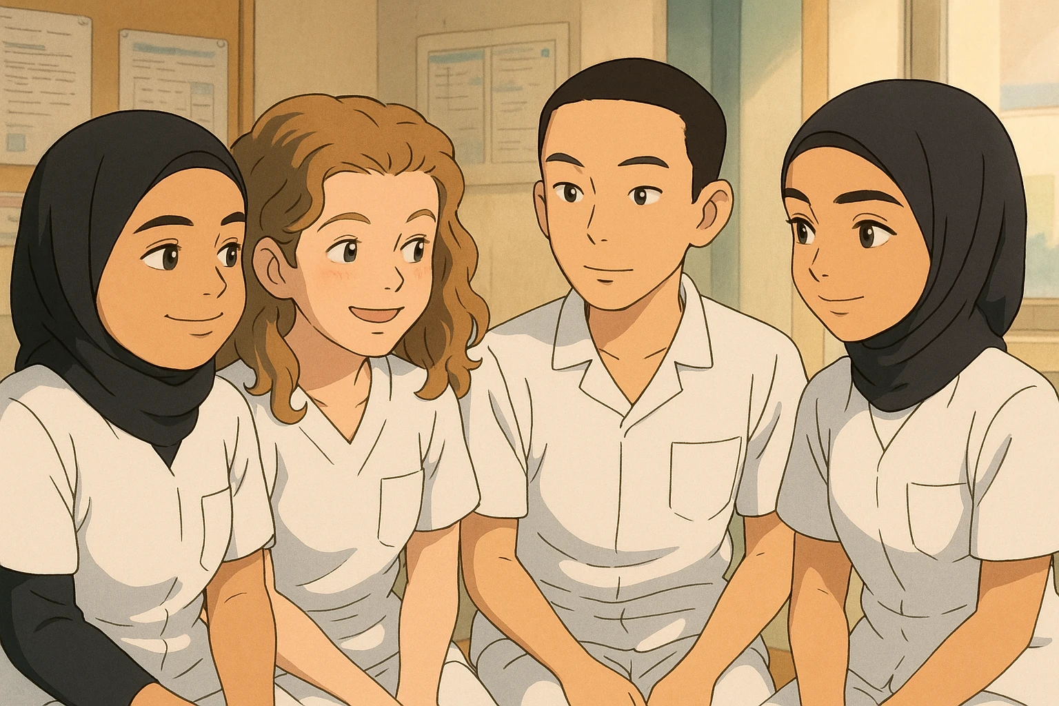 Four nursing students inspired by the provided faces, in Ghibli style, taking a break together in the care station. They wear short-sleeved white uniforms with V-neck, left chest pocket, no stand-up collar, no stethoscopes, and nothing protrudes from the sleeves. emoji
