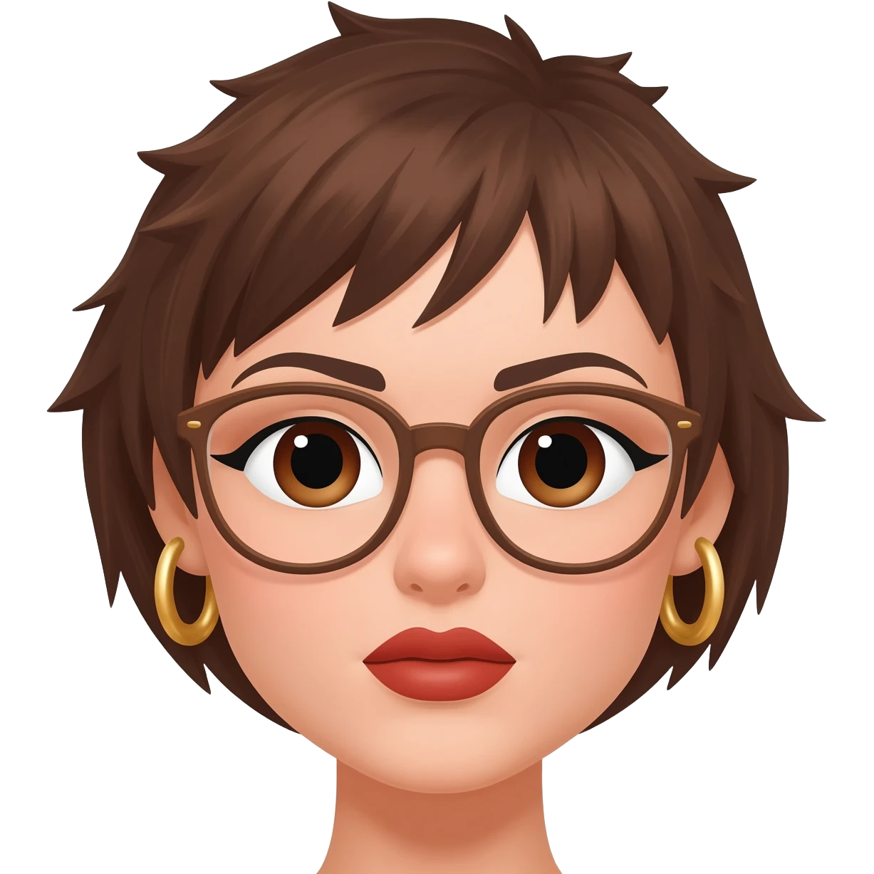 Female very very short brown hair few spikes gold hoop earrings  brown eyes glasses full lips emoji