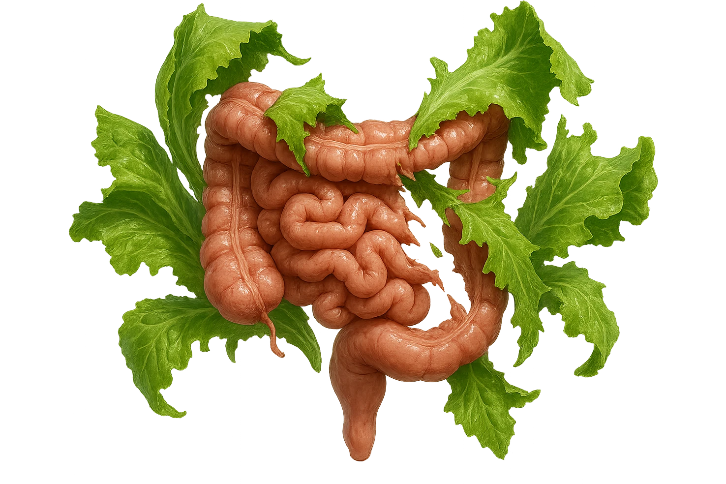 foglie di insalata che attaccano un intestino anatomico umano per distruggerlo, iperrealistico emoji