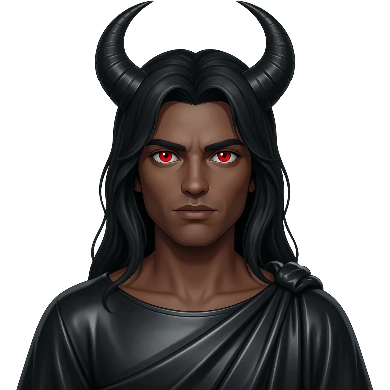 Satan from Christian Mythology with red eyes, long black hair, black metallic toga emoji
