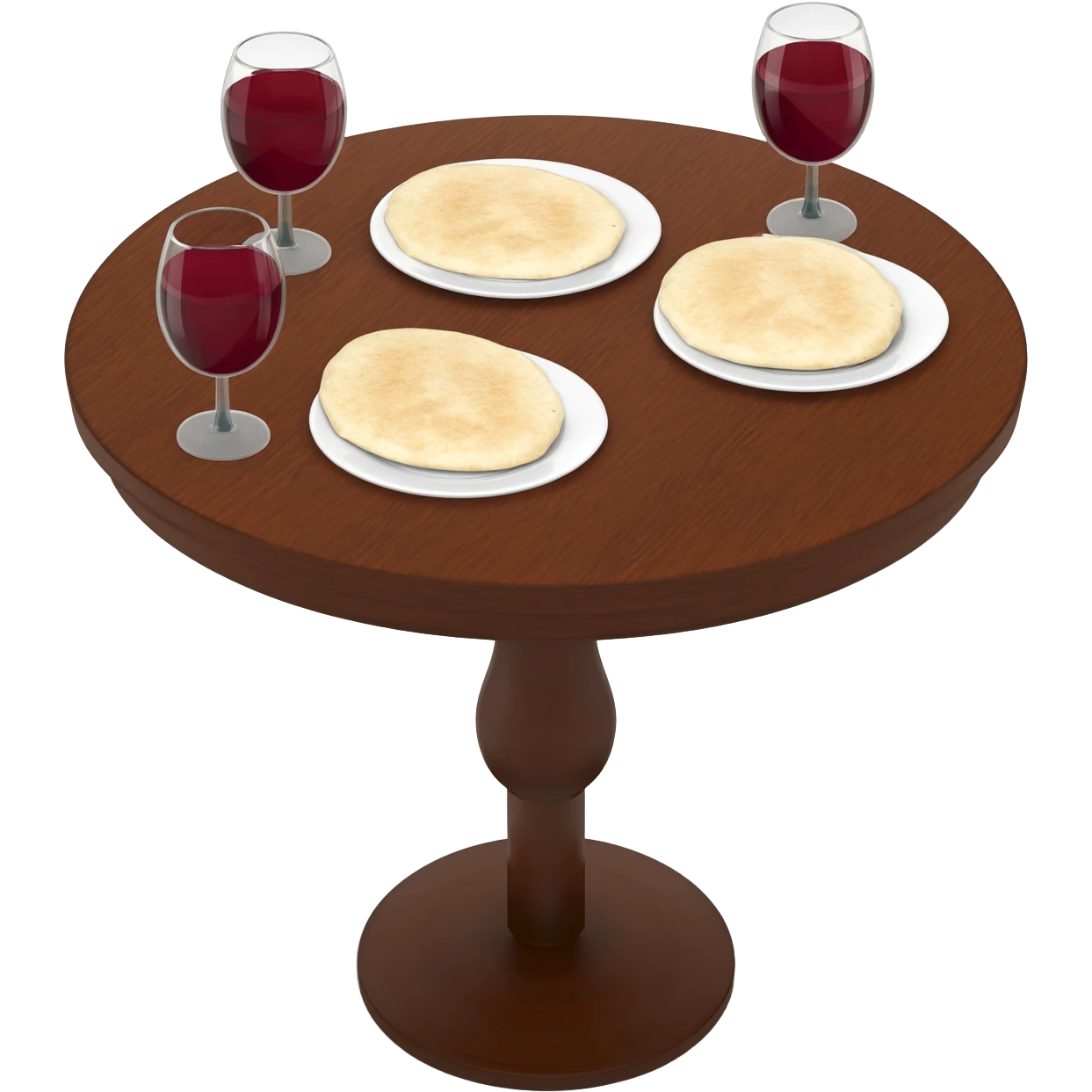 round table with 3 glass of wine and 3 plates of plain pita emoji