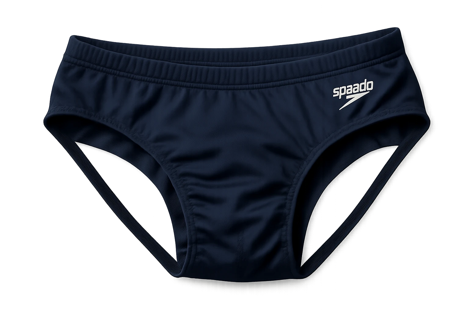 Edit the image of the swim brief to be a men's speedo-style swim brief: wider across, less tall, with a distinct pouch shape in the front. Make it photo-realistic, highly detailed, brightly lit, on a transparent background, loosely strewn as if on a table. emoji