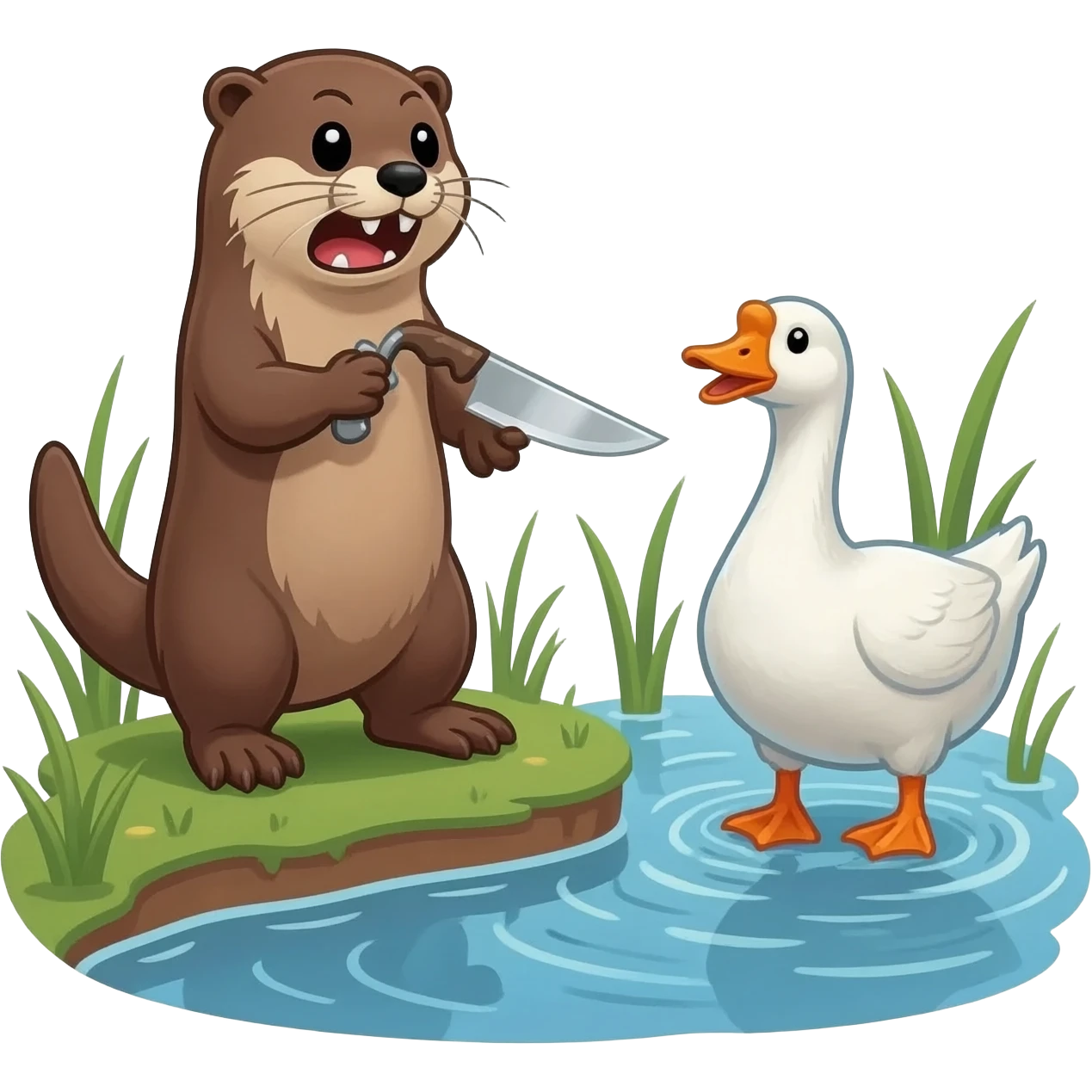 An otter with a knife threatens a goose emoji