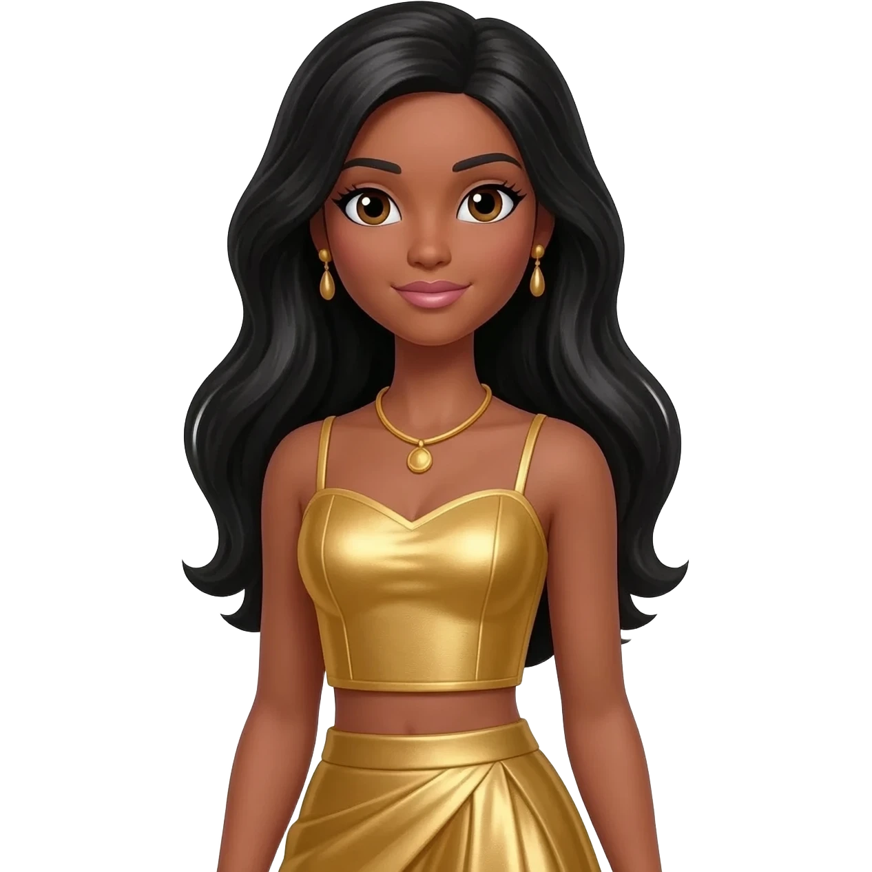 Christie from Barbie and Friends with brown eyes, long black hair, gold metallic sweetheart crop top, gold metallic assymetrical long skirt, gold necklace and earrings emoji