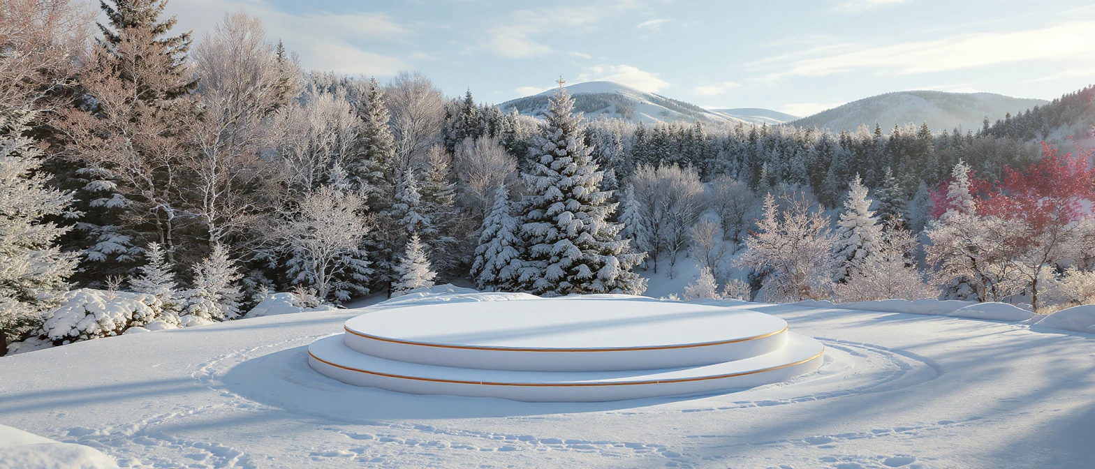 Cinematic still of a winter landcape, sunny day, white circle stage on middle, snowy,christmas tree in snow, in background we can see beautifull snowy landscape, soft light, symmetrical, day, captured on arri alexa --no curtains emoji