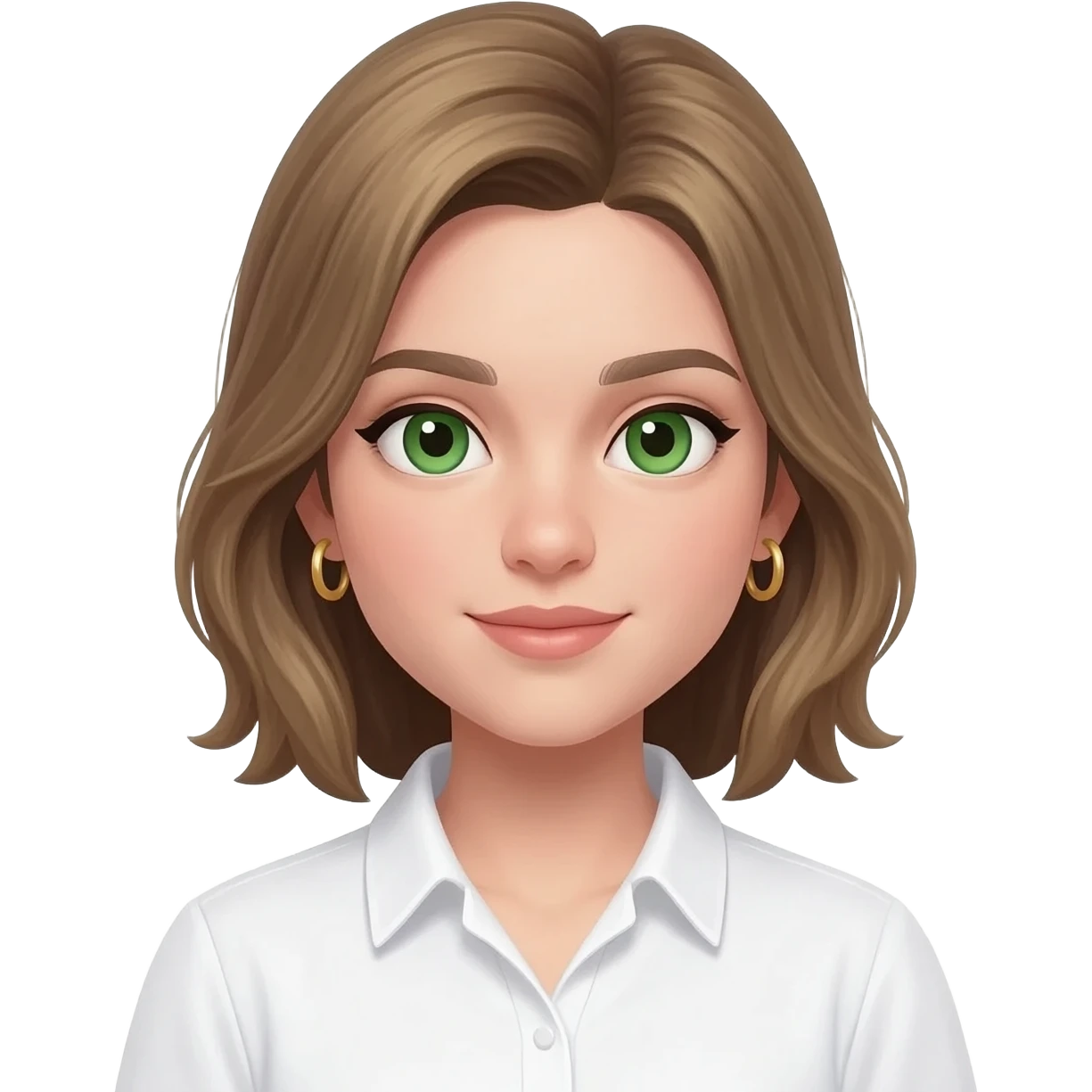 dark blonde girl, green eyes, gold small hoops, white shirt emoji