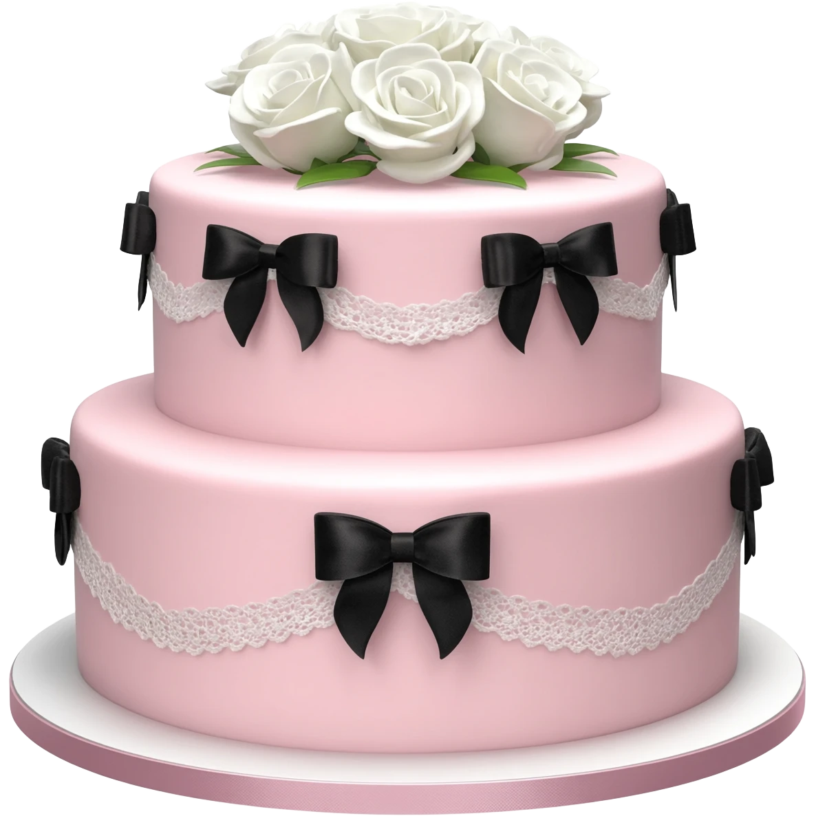 Pastel pink shaped birthday cake with black and white bows and flowers emoji