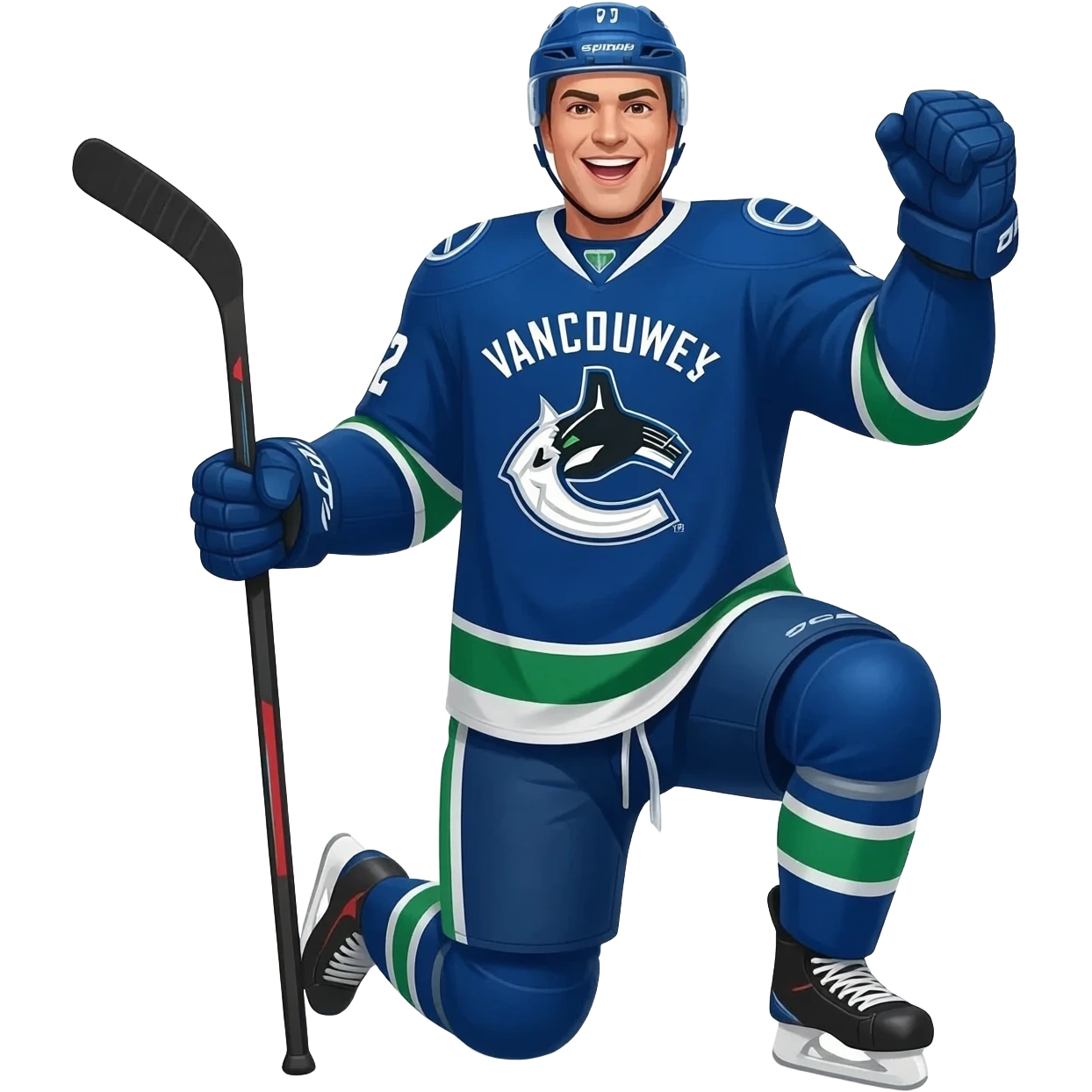Vancouver Canuck player Celebrating a goal siding on one knee with a fist pump and a hockey stick in his left hand emoji