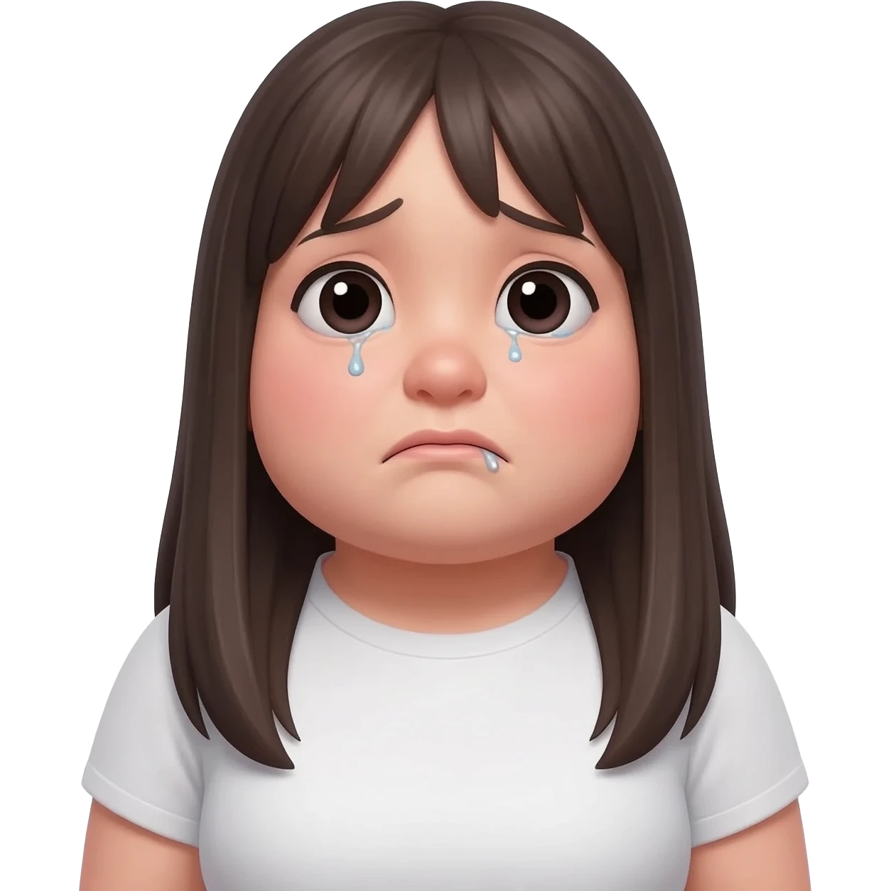 young woman, fuller face and chubby body, long straight dark hair, front view, visibly sad expression, realistic portrait, white background. emoji