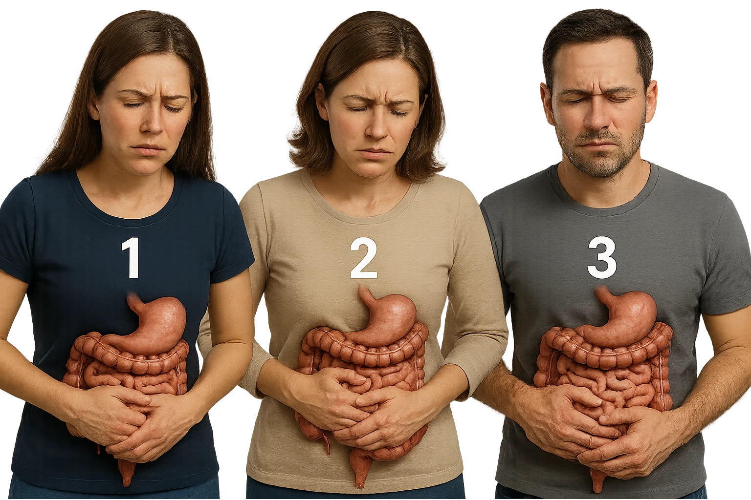 emoji stile iphone di 3 persone, due donne e un uomo, con intestino realistico e mal di pancia, sulle donne ci sono i numeri 1, 2 e sull'uomo il 3, iperrealistico 4k emoji