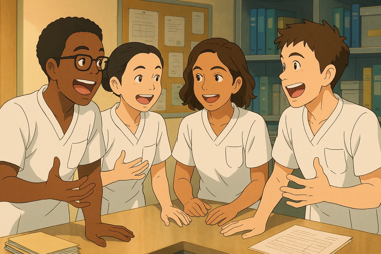 Four nursing students inspired by four provided faces, lively discussion in a care station, wearing short-sleeved white medical tunics with V-neck and left chest pocket, no stethoscopes or clothing beyond sleeves, dynamic teamwork scene, Ghibli style, reference four attached faces for likeness emoji