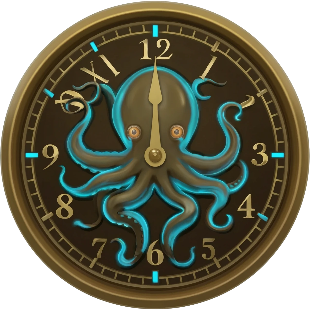 Single Discord emoji, 128x128px, transparent background, dark kraken deep-sea style, bold flat icon, thick black outline, neon teal glow accent. Subject: kraken clock emoji