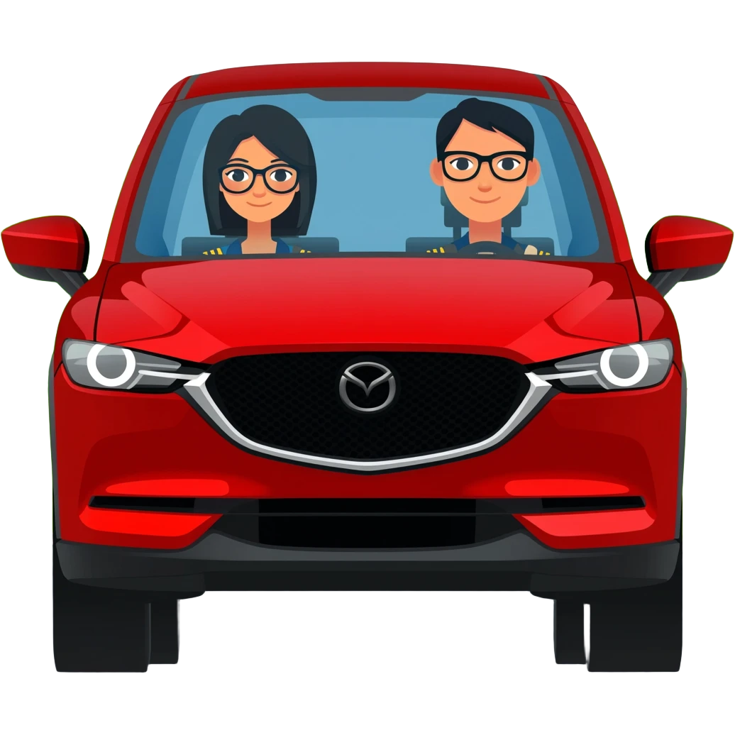 camioneta mazda cx 5 roja con una conductora mujer con lentes de cabello negro y un copiloco hombre de pelo corto negro y lentes, todo en caricatura sobre una avenida principal con paisaje verde emoji