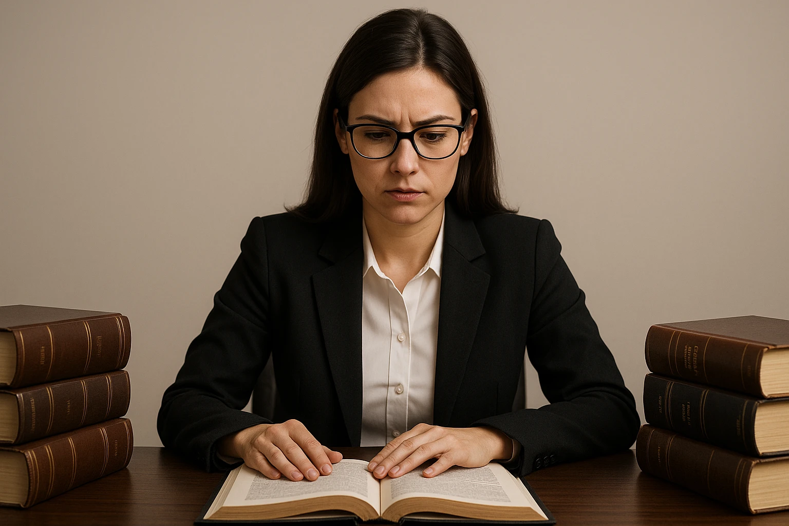 lawyer woman, sitting at a desk with law books, glasses, focused, neutral background emoji
