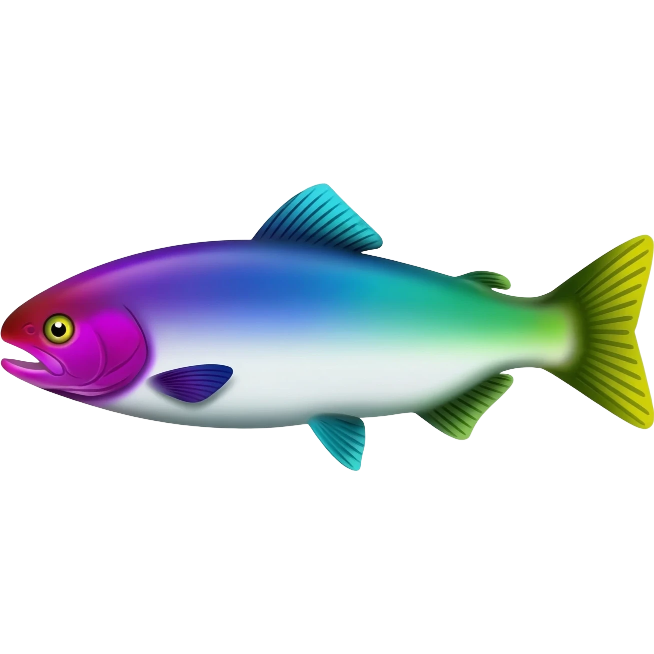 whole rainbow trout fish facing left bright purple blue green yellow white emoji