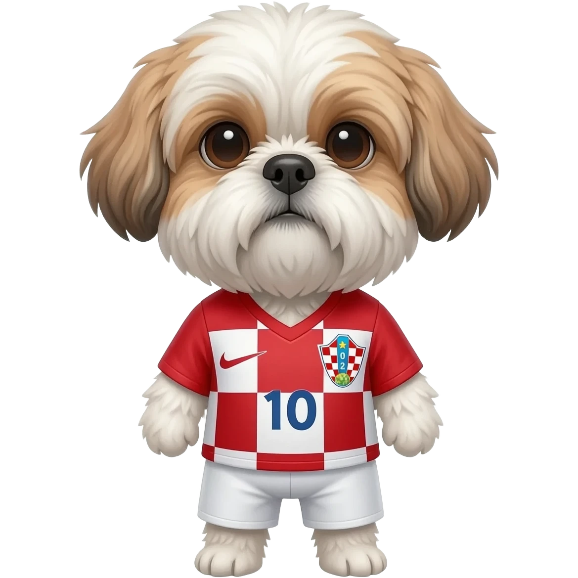 white and light brown shih zhu wearing a Croatia soccer jersey v neck 2026 work cup emoji