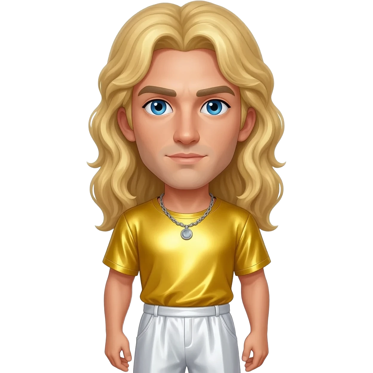 Apollo from Greek Mythology with blue eyes, long blonde hair, yellow metallic shirt, white metallic baggy pants, silver necklace emoji