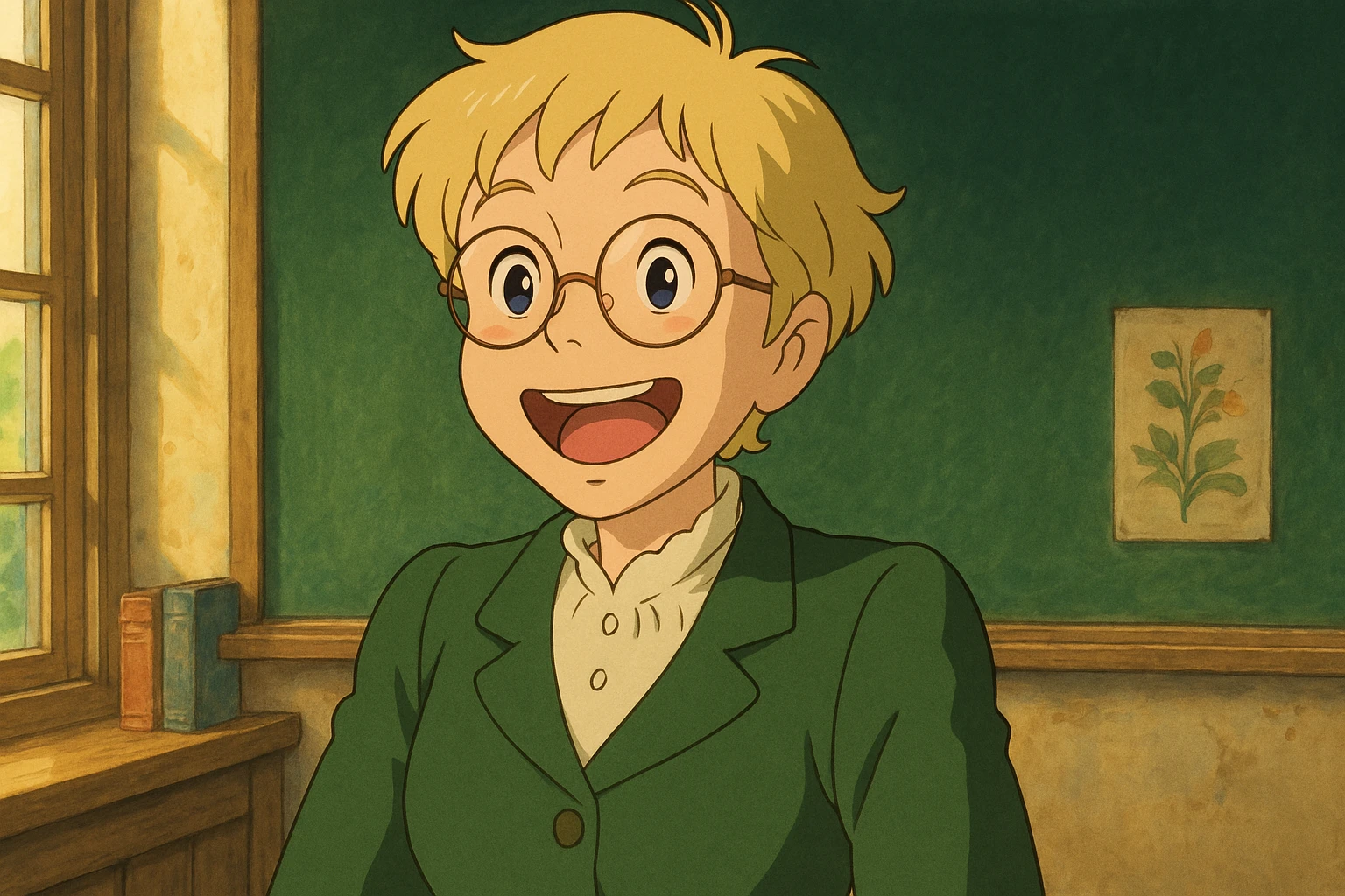 Profesora rubia de pelo corto con gafas redondas, expresión alegre, estilo ghibli emoji