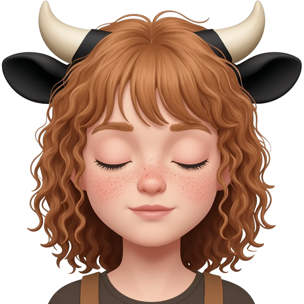 curly girl with freckles with messy light brown bangs covering the eyes with cow horns and cow ears with ribbon in her hair emoji