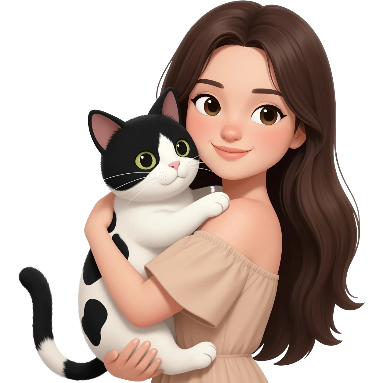 A young woman with long dark brown hair, wearing a nude off-shoulder top, hugging a black and white cow-patterned cat, 3D emoji ios style, white background,Turn to face forward. emoji