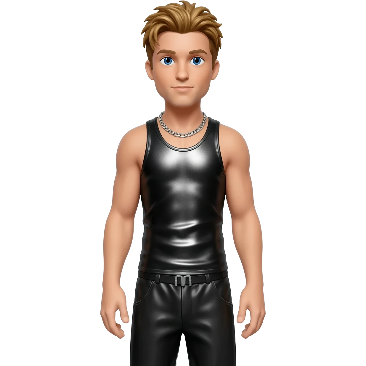 Joey McIntyre from NKOTB with blue eyes, golden brown hair, black metallic tank top, black metallic baggy pants, silver necklace emoji