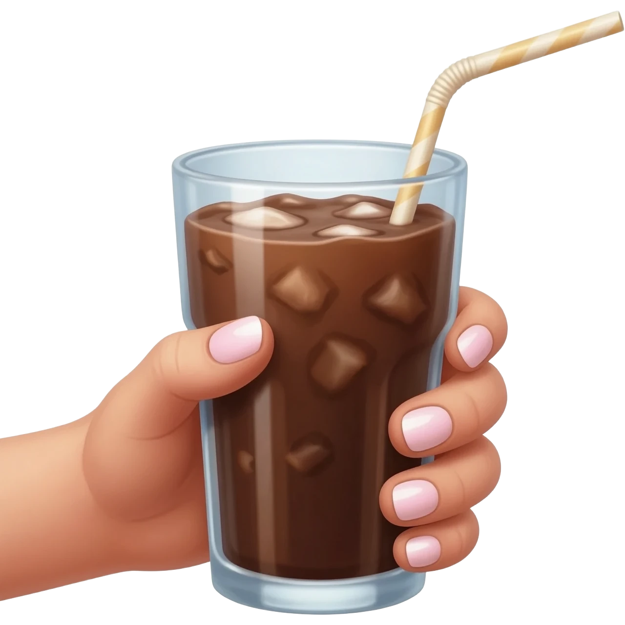 chocolat froid dans un grand verre avec une paille tenue par le bout d’une jolie main de femme avec une belle manucure Style Pinterest réaliste emoji