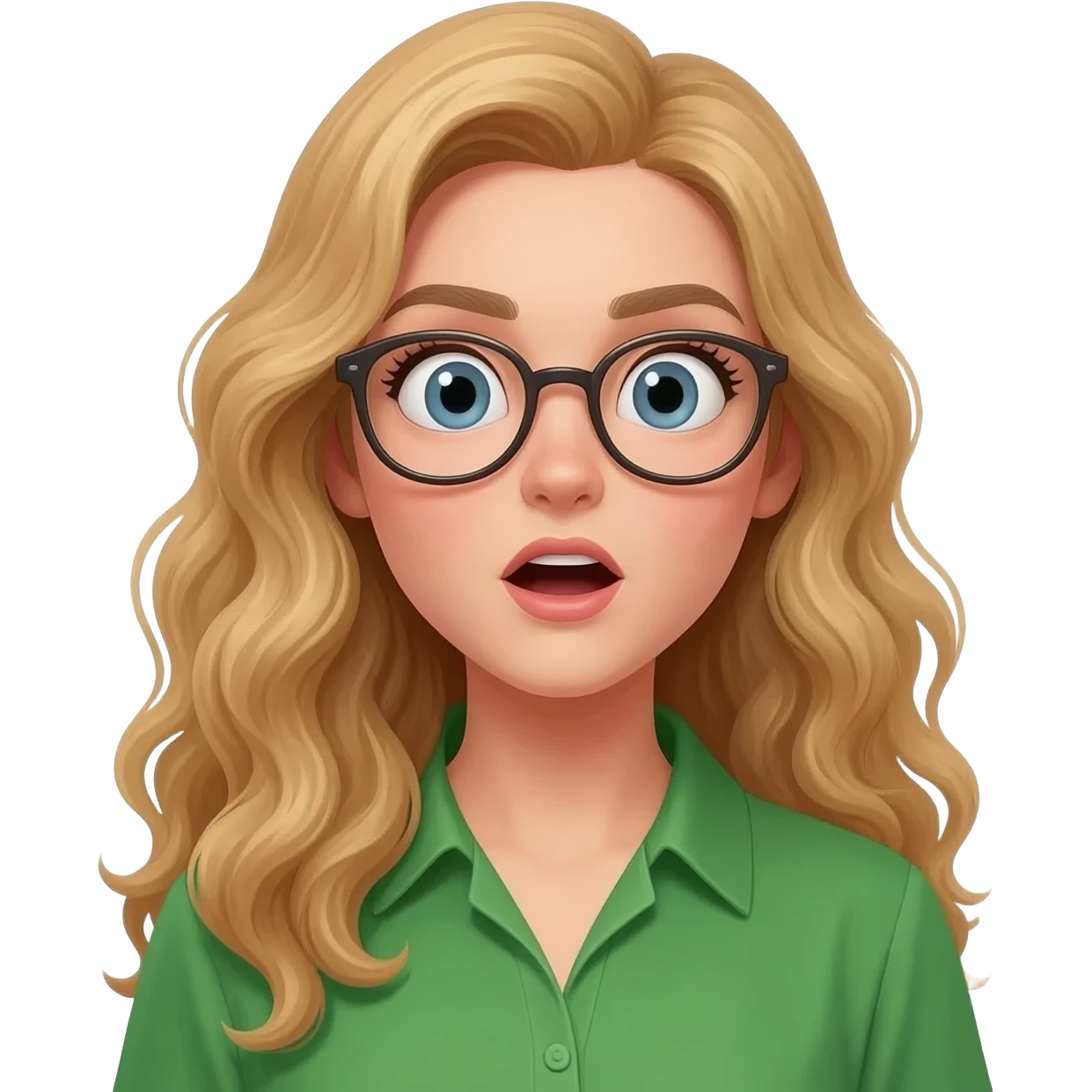 green shirt suprised woman with long curly blonde hair an glasses emoji